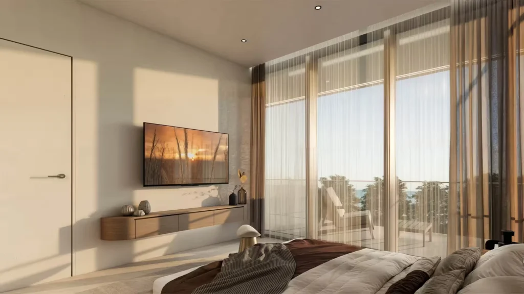 Luxury bedroom with panoramic windows at NOVAYAS Yas Island apartments in Abu Dhabi