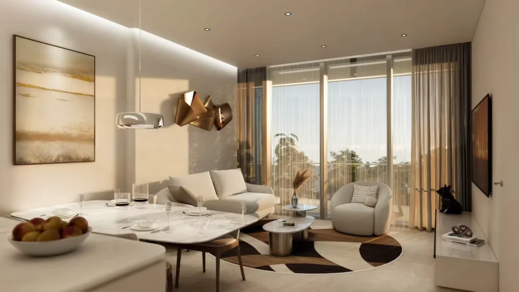 Stylish apartment interior with bedroom and lounge area at NOVAYAS Yas Island Abu Dhabi