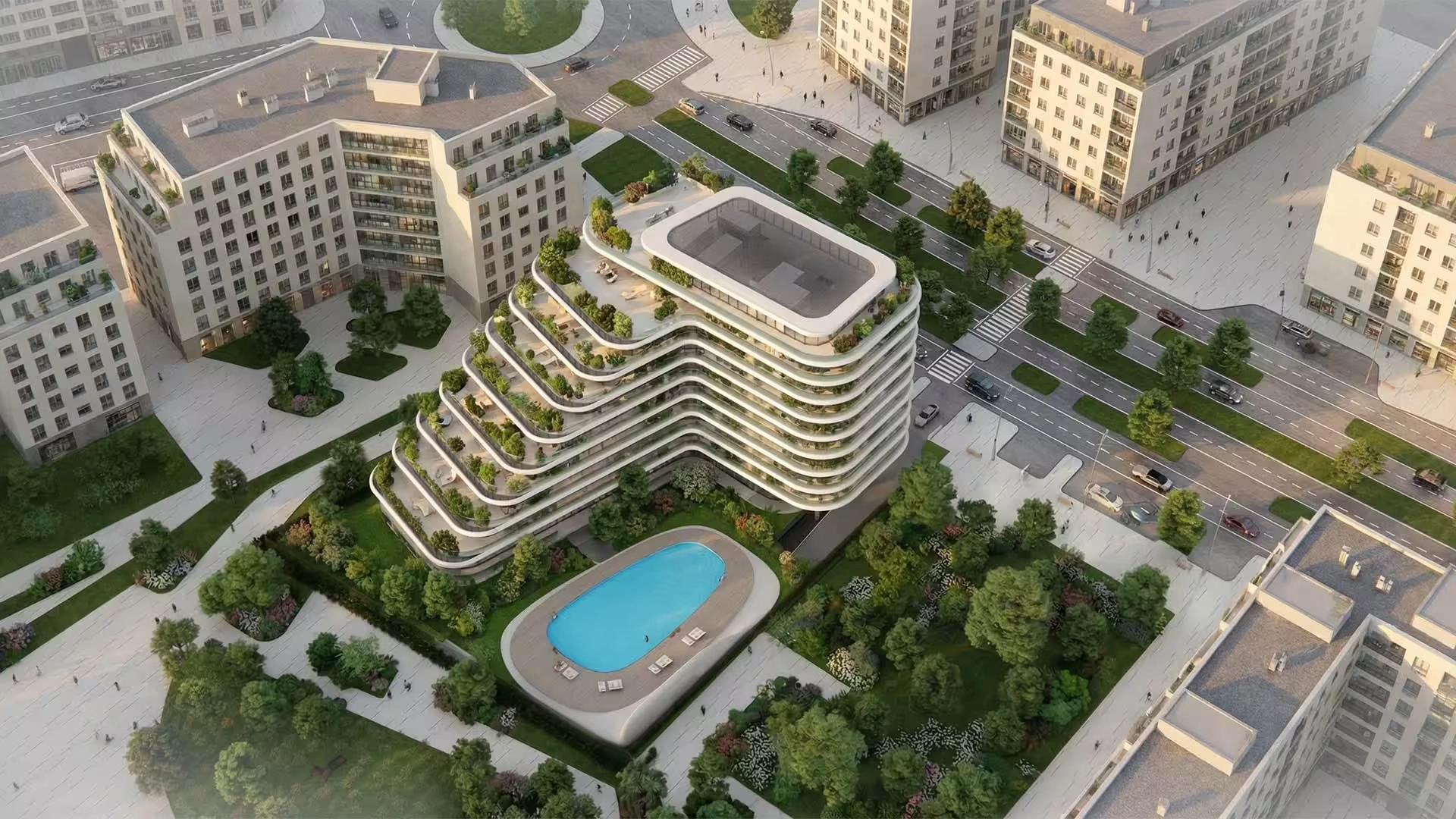 Aerial view of NOVAYAS Yas Island luxury residential community with swimming pool in Abu Dhabi