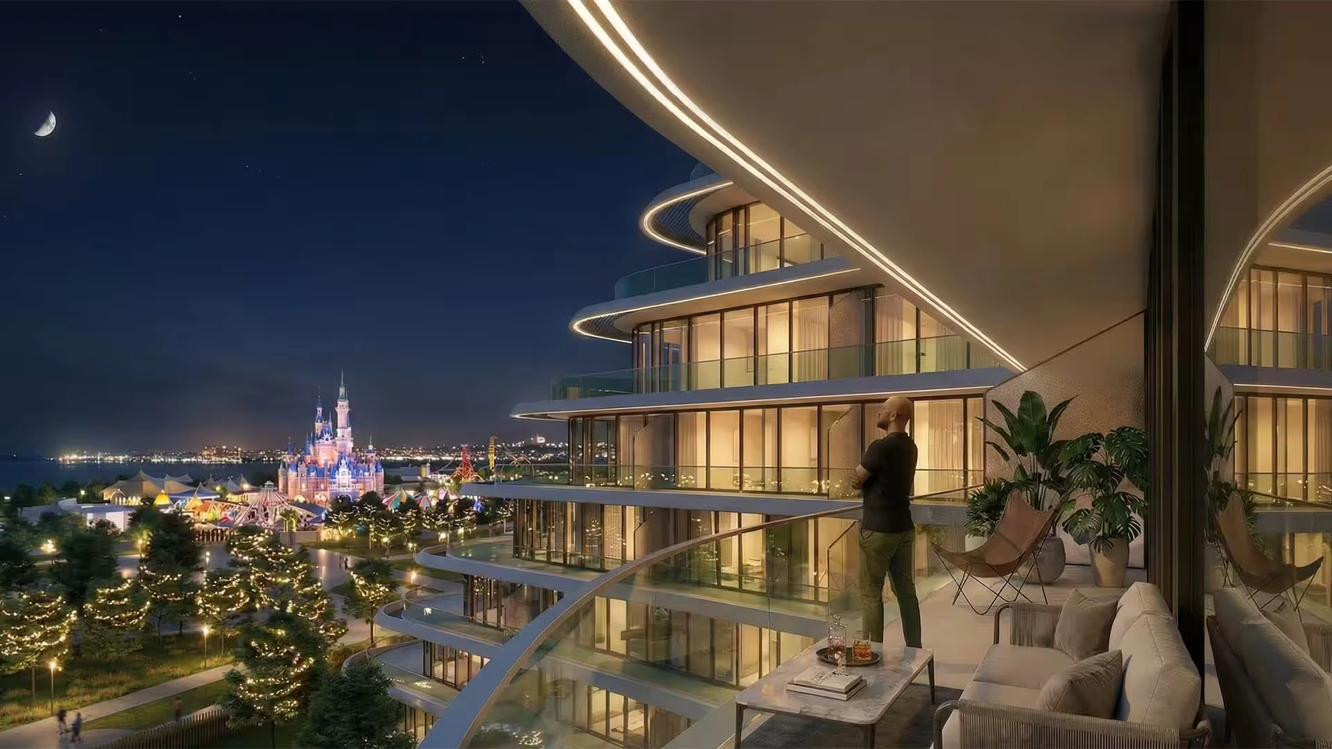 Night balcony view from NOVAYAS Yas Island luxury apartments overlooking Abu Dhabi attractions